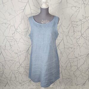 Lina Tomei Pale Blue Embroidered 100% Linen Round Neck Shift Dress
